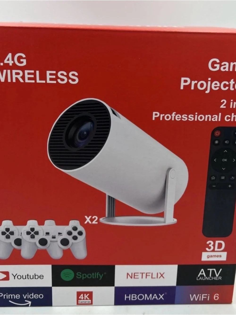 White Wireless Gaming Projector with Dual Controllers. C
